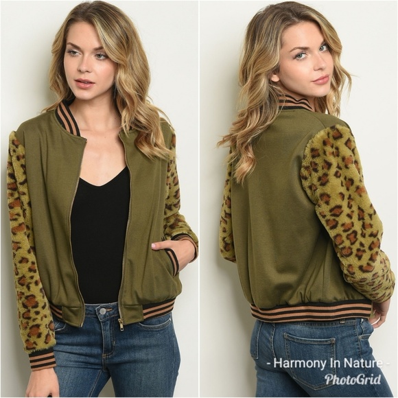 Olive Green & Leopard Bomber Jacket - Picture 5 of 6
